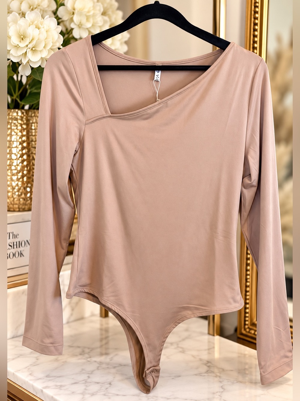 ReoRia Asymmetrical Bodysuit Tan Long Sleeve Stretch One Shoulder Size Large